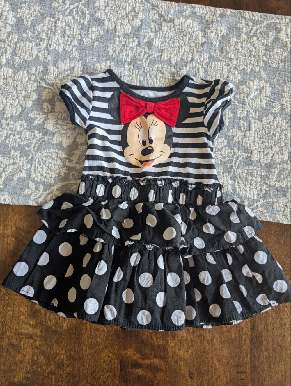 Disney Black & White Striped Minnie Dress with Red Bow/ 12 Months Infant